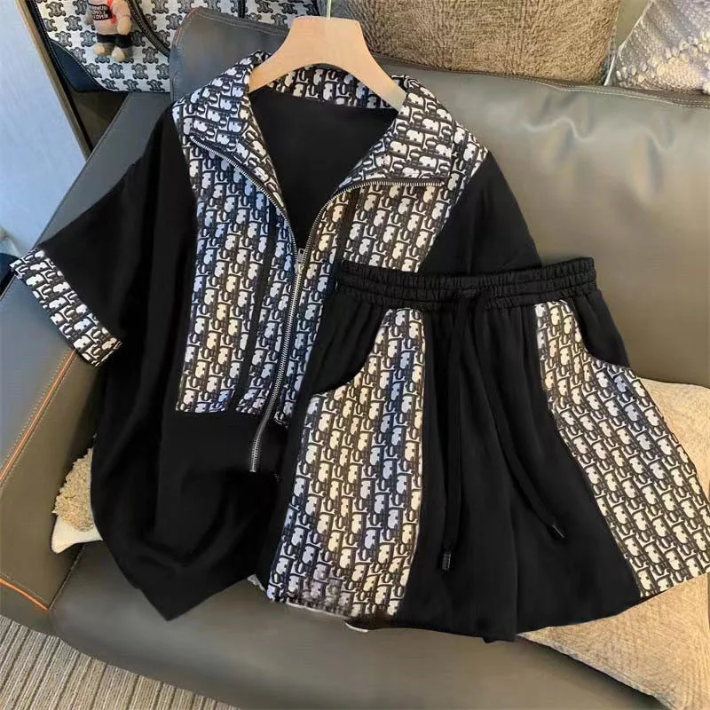 

Loose plus size women's 2024 summer new zipper slim casual fashion sports suit women 2 piece sets womens outfits