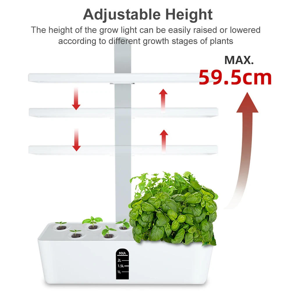 Smart Hydroponics Growing System Indoor Garden Kit 9 Pods Automatic Timing with Height Adjustable 15W LED Grow Lights 2.5L Water