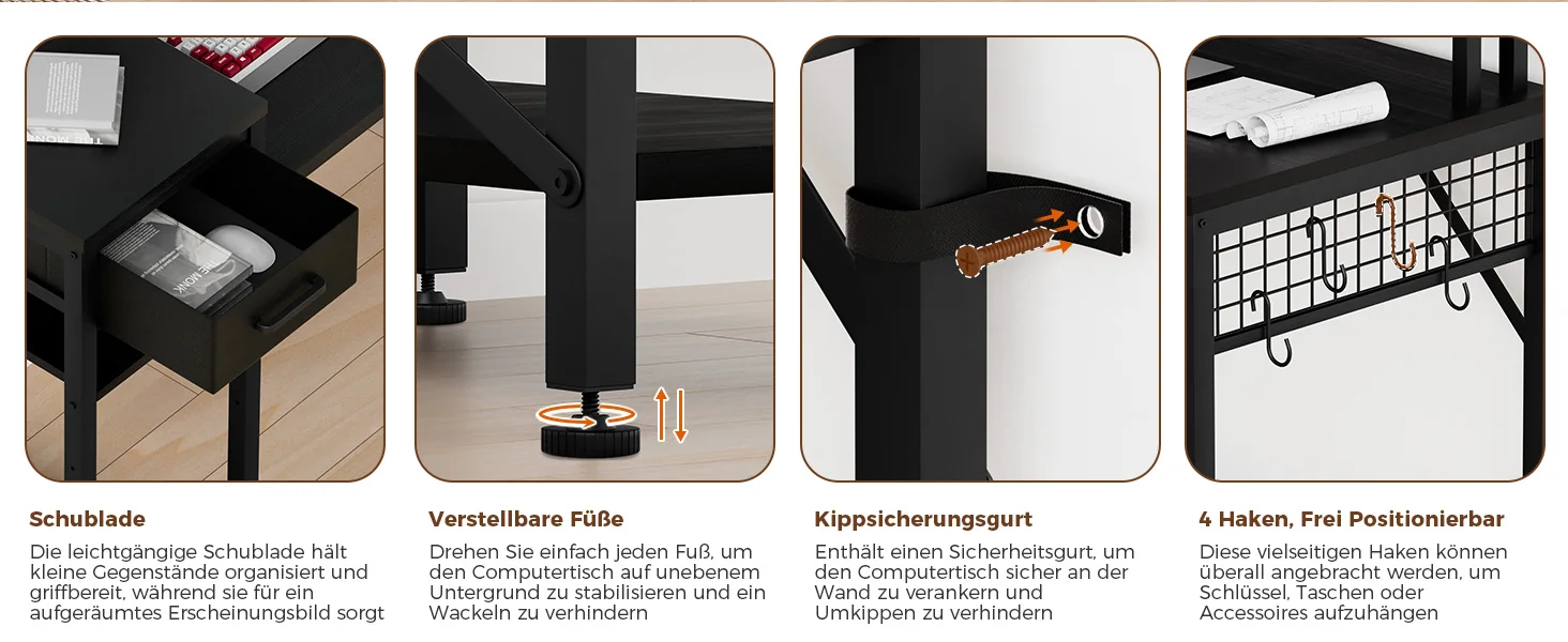 Oak & Tea Eck-Schreibtisch L-Form 120cm – PC-Tisch mit verstellbaren Regalen & Vintage-Design, Büro-/Gaming-Tisch – Detail 8