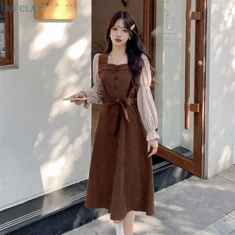 

Vintage Dresses Women Square Collar Autumn High Waist Long Sleeve Corduroy Dress