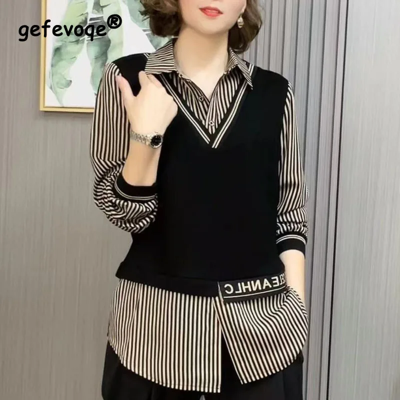 2023 Autumn Women's New Large Fashion and Fashionable Versatile Slim Stripe Temperament Loose Shirt Collar Fake Two Piece Top