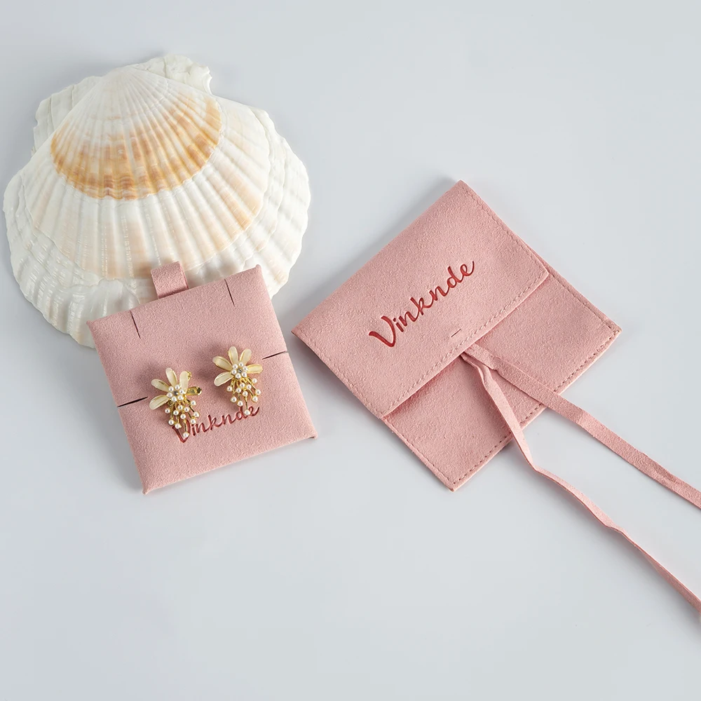 Pink Microfiber Jewelry Envelope Pouch With Holder Custom Logo Suede Small Jewelry Earrings Ring Packaing Pouch With Insert Card luxury bronzing white envelope pink blue orange envelope greeting card letter paper bag wedding invitation envelope 13x18cm