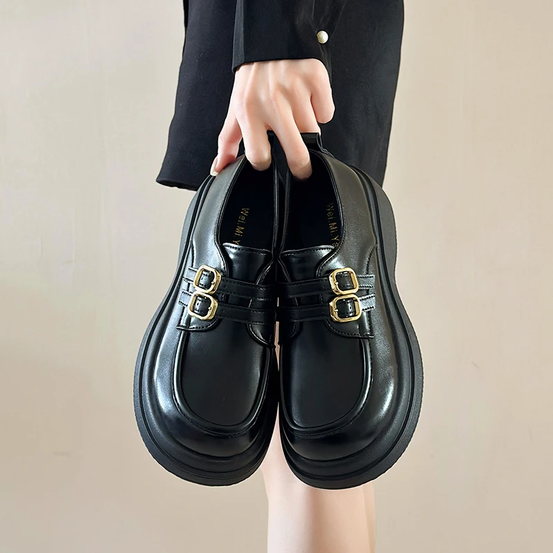

Vintage British Style Small Leather Shoes for Women 2023 Spring New Platform Slip-on Loafers Japanese Jk Mary Jane Heels Women