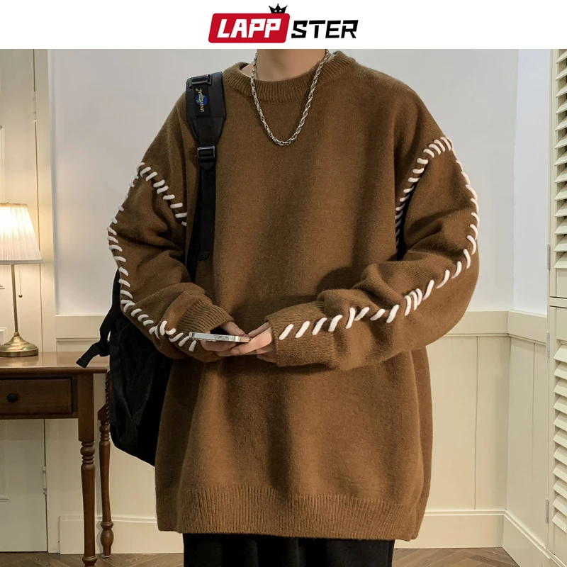 saferido Men Streetwear Harajuku Vintage Knitwears Oversized Knitted Sweater Winter Korean Fashions Striped Sweaters Pullovers
