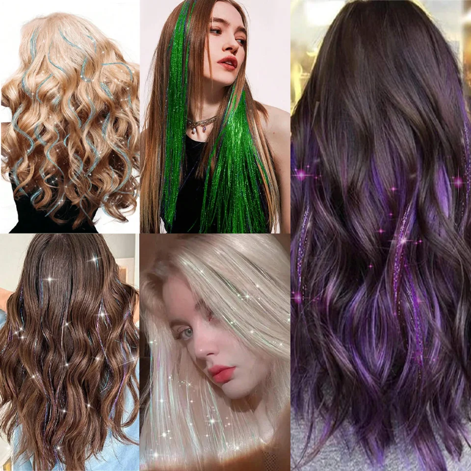 48 Inch Synthetic Hair Tinsel Kit With Tool 1200 strands Tinsel Hair Extensions 12 Colors Fairy Sparkling Shiny hair extensions