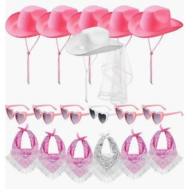 

Bachelorette Party Supplies 6Set Pink White Cowboy Hat Sunglasses Scarf Wedding Bridal Shower Decor Bride to Be Bridesmaid Gifts