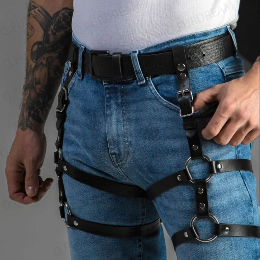 Sexy Leather Leg Harness Man Punk Style Thigh Harness Fetish Bondage Lingerie Waist To Leg Rave Festival Clothes Accessories leather chest harness