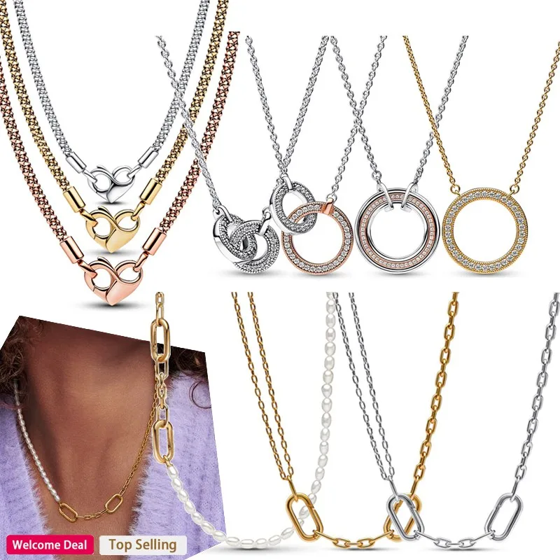 2023 New Women's 925 Silver Popular Pav é Dense Set Two Tone Ring Overlay Studded Logo Necklace Light Luxury DIY Charm Jewelry new 925 sterling silver original women s me pav é dense chain ring earrings me double link chain ring earrings diy charm jewelry