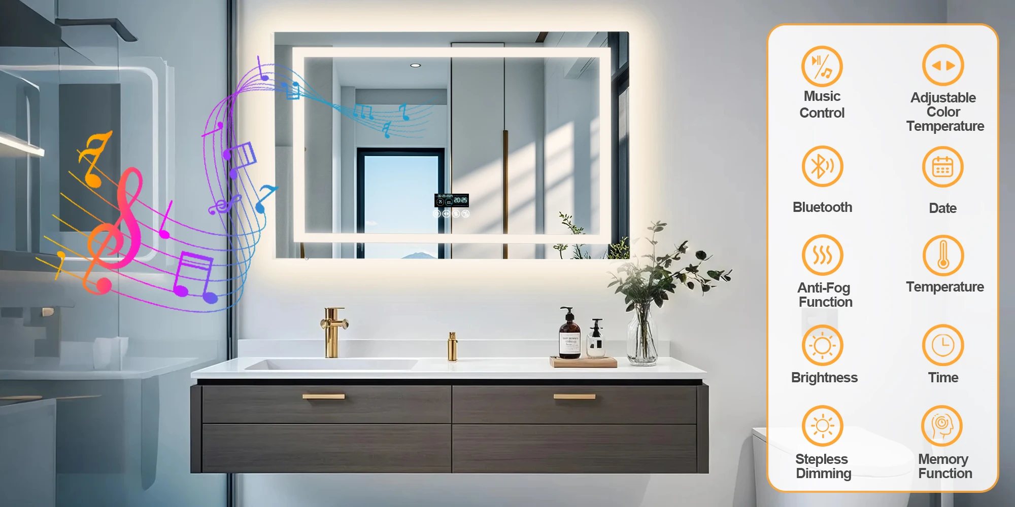 80/100/120/140cm LED Bathroom Mirror with Bluetooth Speaker Antifog Dimmable 3 Lights Time Setting Backlitligth Vanity Wall Mirr