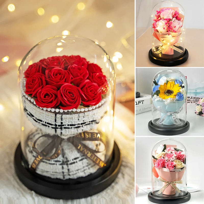 

Soap Rose Bouquet In Glass Dome Artificial Sun Flower Eternal Love Valentine Mother Day Christmas Gift for Women Wedding Favor