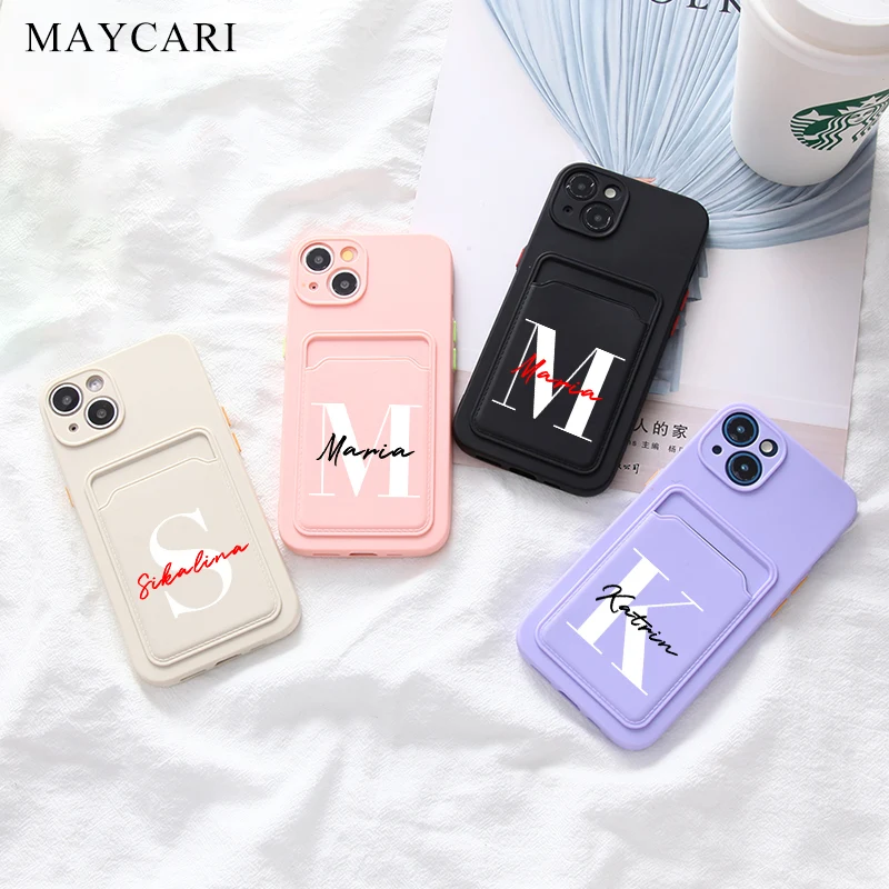 

Personalise Custom DIY Name Card Slot Bag Case for iPhone 13 12 11 Pro Max 7 8 Plus X XS XR Shockproof Soft Wallet Phone Cover