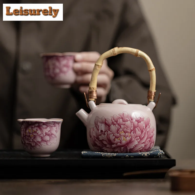 230ML Antique Pink Peony Flower Ru Kiln Lifting Handle Teapot Tea Infuser Pot Tea Brewing Kettle With Filter Chinese Tea Set