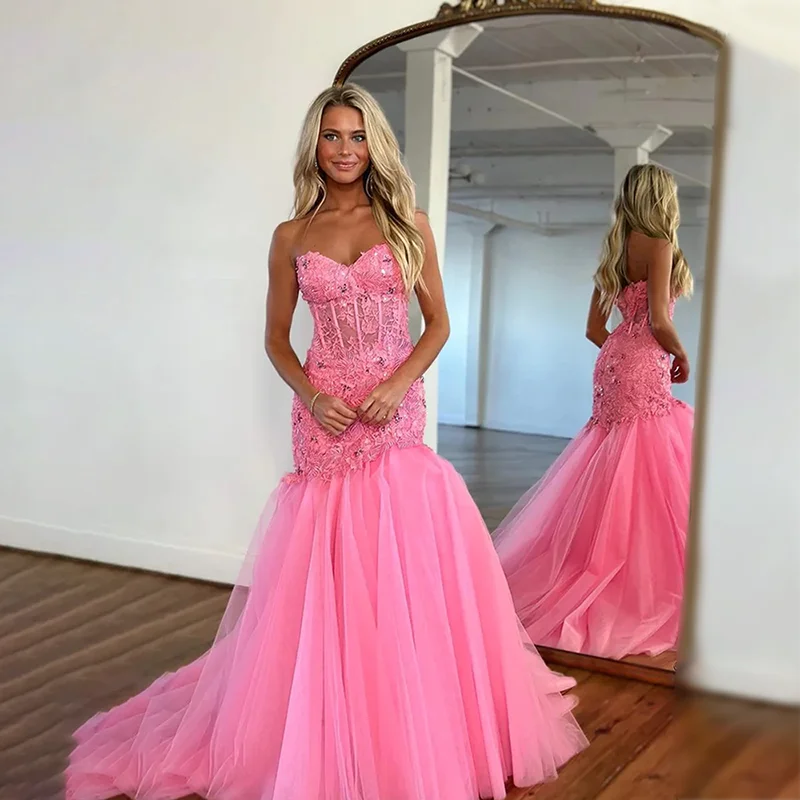 

BLUE Prom Dresses Illusion Lace Appliques Sweetheart Evening Gown Beaded Elegant Mermaid Sweep Train Vestido De Noche for Women