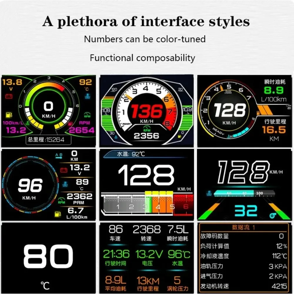 차량 다기능 계기판 OBD 수온계 차량 속도 전압 연료 소비량 주행 거리 LCD 디스플레이 K10 HUD