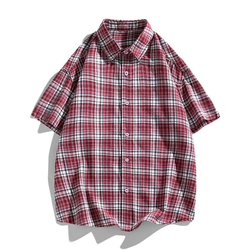 Summer New Men Plaid Shirt Short Sleeve Stripe Blouse Street Japan Style Loose Slim Fit Male Casual Retro Formal Shirt Unisex