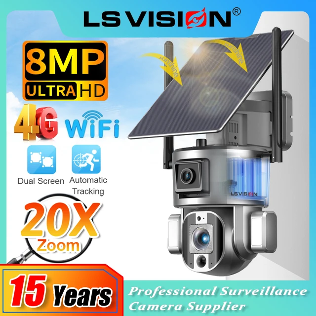 LS VISION 20X Zoom WIFI/4G SIM Solar Security Camera 4K Dual Screens Humanoid Tracking Wifi Solar outdoor Surveillance Cam CCTV 1