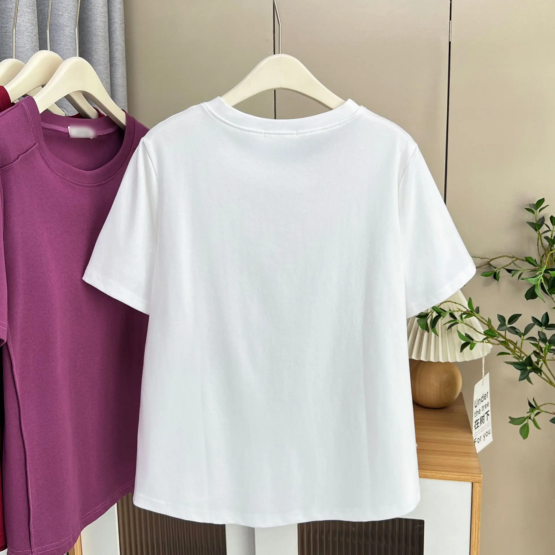 100kg Summer New Top Simple Basic Thin Solid Color short-sleeved Cotton Tees Plus Size Women's T-shirt 023