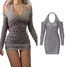

Casual Women Plaid Dress Long Sleeve Low Cut Neck Hanger Thigh Long Dress for Summer Spring Party