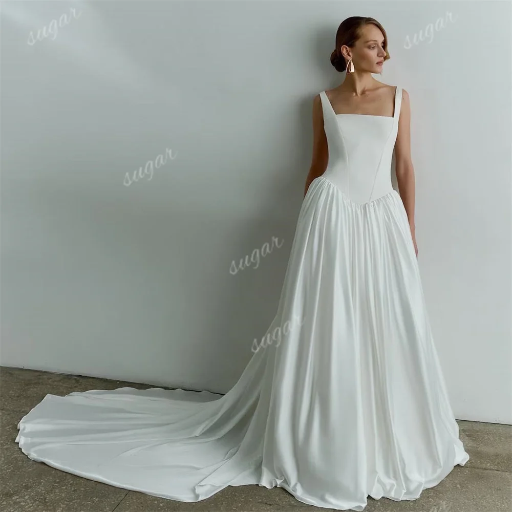 Vintage Square Wedding Dresses For Women A Line Satin Bridal Gown Long Train Sexy Backless Beach Wedding Gowns Vestidos De Novia