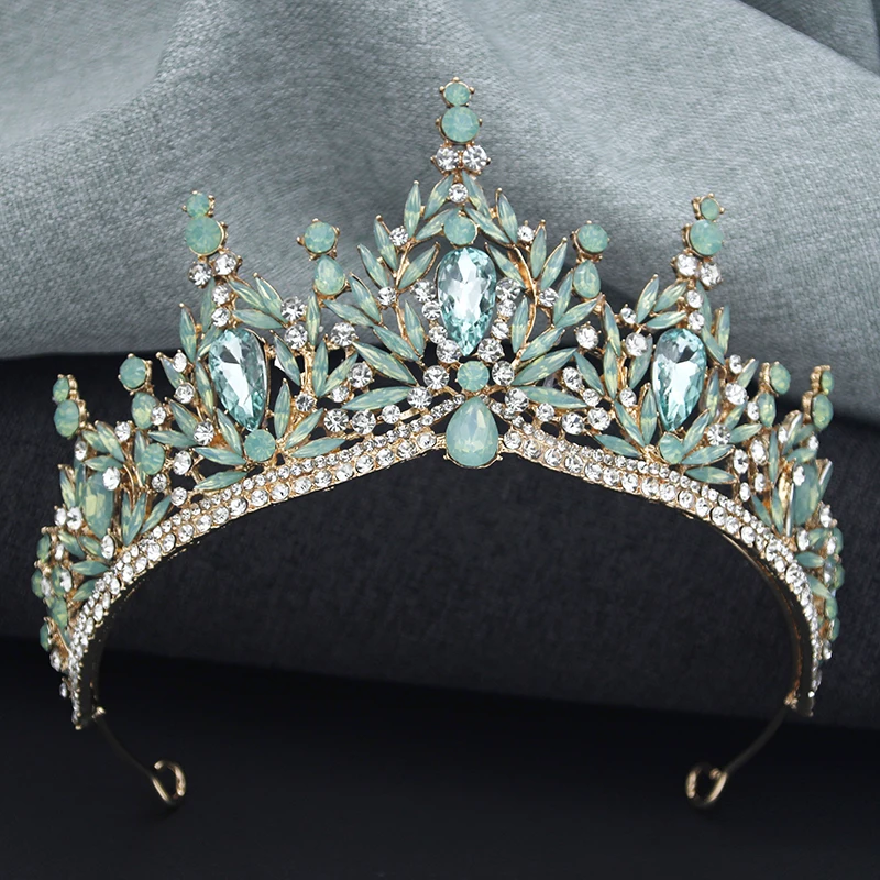 Hair Headdress Baroque Luxury Green Crystal Tiara For Women Wedding Girls Birthday Party Elegant Crown Jewelry Accessories