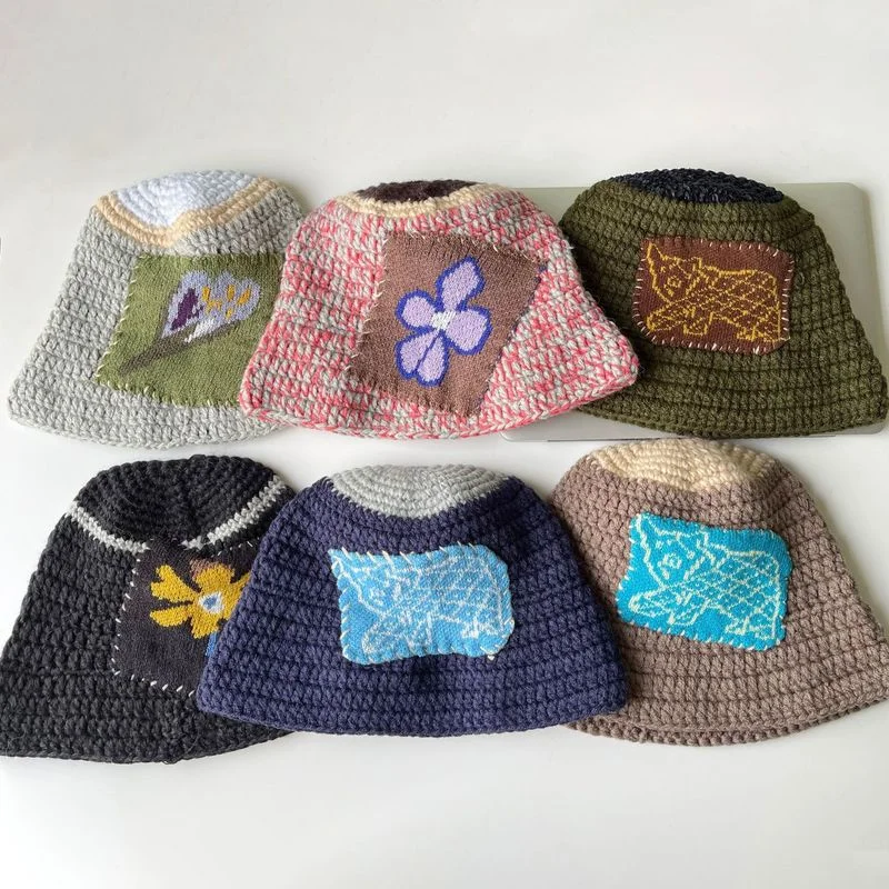 

Корейские женские шапки ручной вязки осенне-зимние теплые модные вязаные рыбацкие шапки универсальные японские шапки-бини с нашивкой