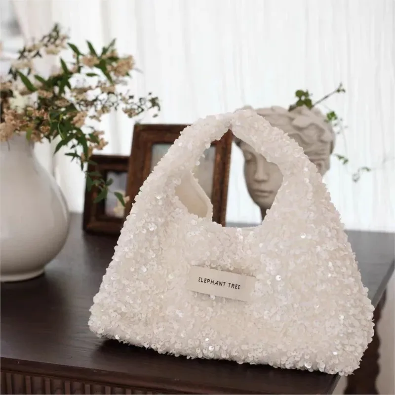 JIAERDI Pure White Sequined Handbag Women Exquisite Small Hobo Bucket Bag Ladies Fashion Premium Design Versatile Purse 2025 New