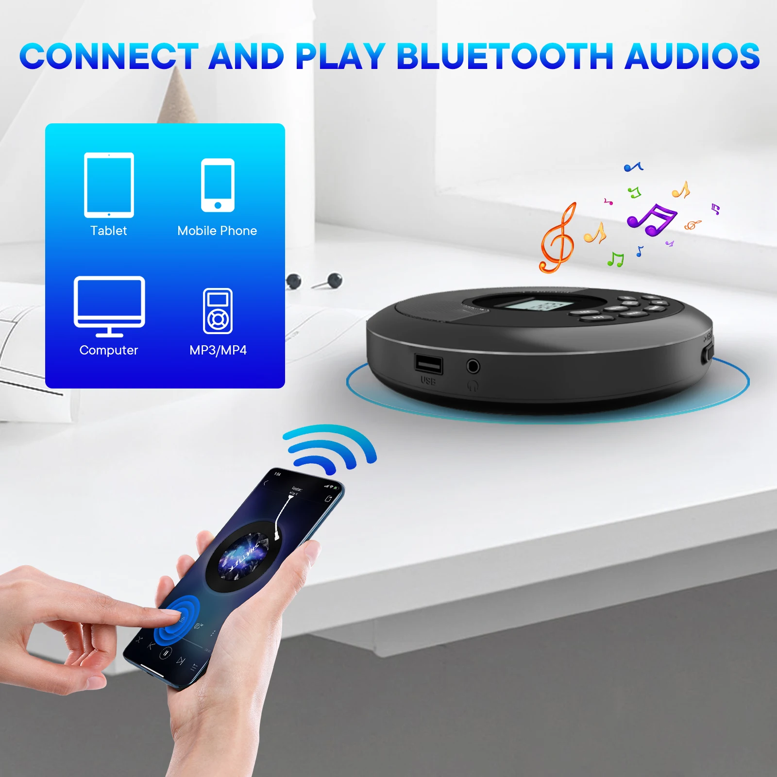 portable cd player with bluetooth rechargeable discman with speakers walkman cd player with USB bluetooth transmitting