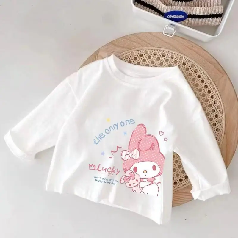 Sanrio 헬로 키티 마이 멜로디 쿠로미 시나모롤 소년 소녀 긴 소매 코튼 티셔츠 탑 봄 여름 패션 프린트 티셔츠