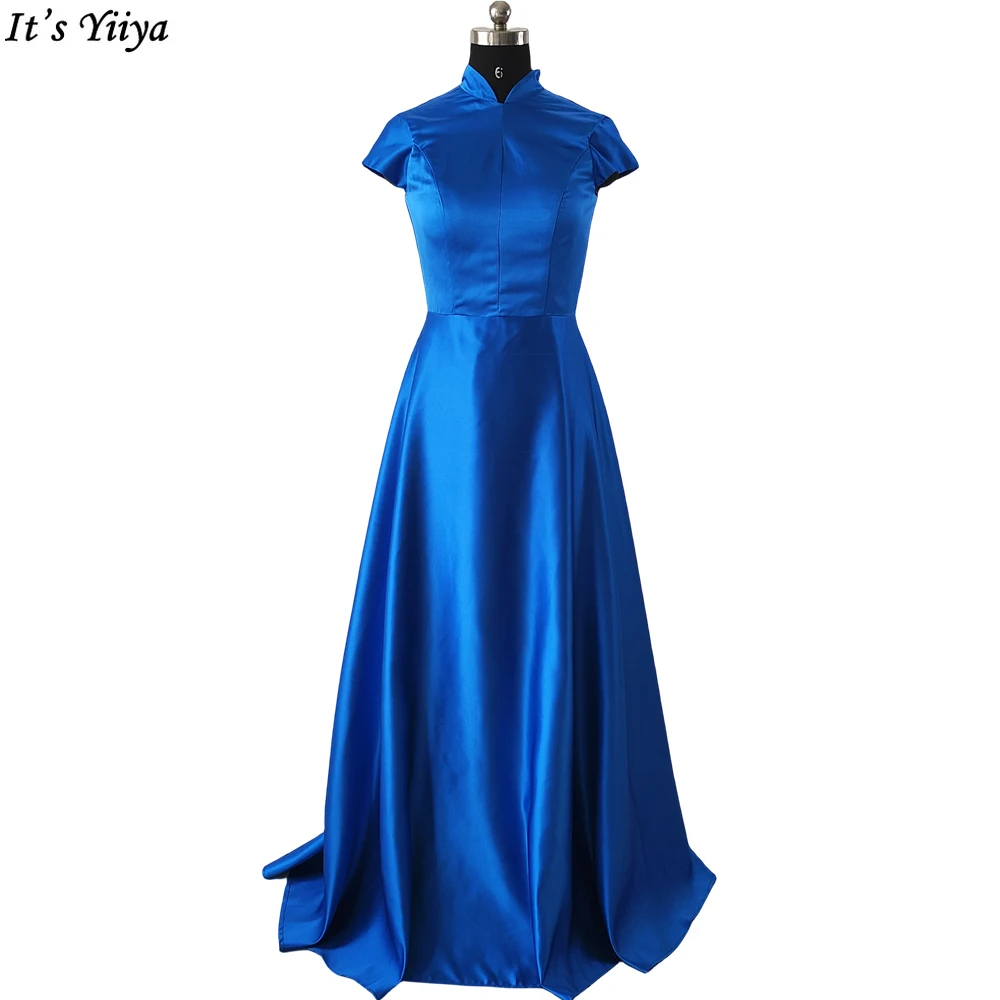 

It's Yiiya High Neck Evening Dress Royal Blue Satin A-Line Short Sleeves Floor-Length Plus size Party Formal Dresses Woman B1182