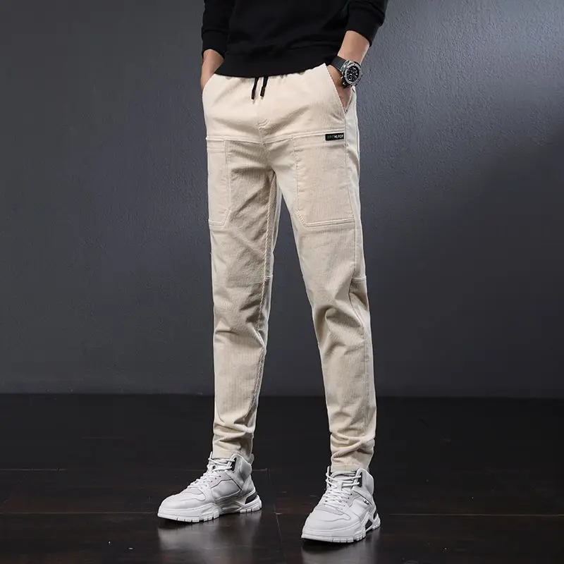 KPOP Fashion Style Harajuku Slim Fit Trousers Loose All Match Casual Pants Plush Pockets Patchwork Corduroy Straight Leg Pants