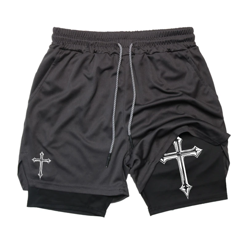 Men's cross printed 2-in-1 training shorts with compression lining, Christian gym sports shorts, phone pocket, towel buckle, run 3