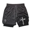 Men's cross printed 2-in-1 training shorts with compression lining, Christian gym sports shorts, phone pocket, towel buckle, run 3