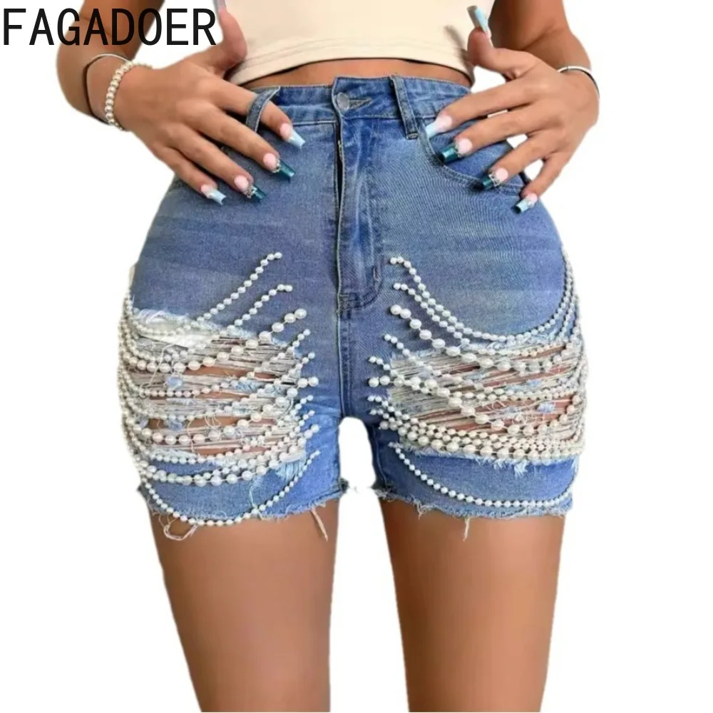 FAGADOER Fashion Hollow Out Hole Bead Chain Jean Shorts Women High Waisted Button Pocket Slim Shorts Summer New Denim Bottoms