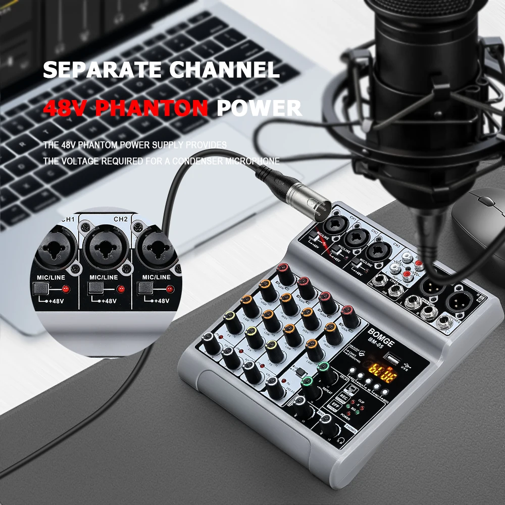5 Channel Digital Audio Mixer Board Mixing Console interface with USB BT Echo Delay Effect 48V for Recording DJ