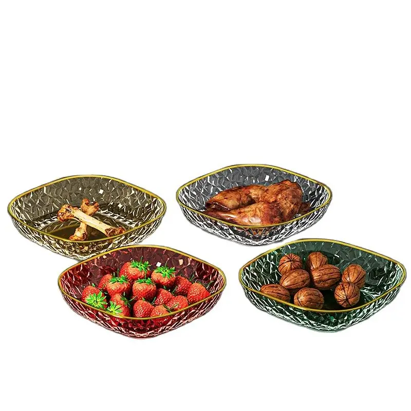 Fashion Fruit Plate Living Room Salad Plate Plastic Tray Home Decoration Golden Edge Stackable Snacks Serving Platter 4pcs/set