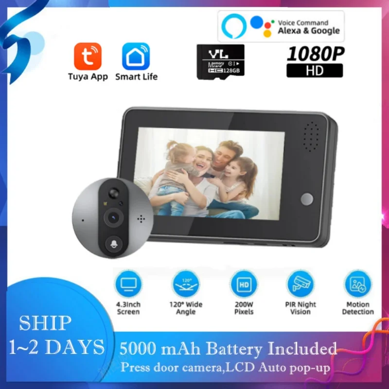 

1080P Tuya Smart Peephole Video Door Camera Security Home Door Phone Two Way Speaker Intercom 4.3inch LCD Screen Doorbell