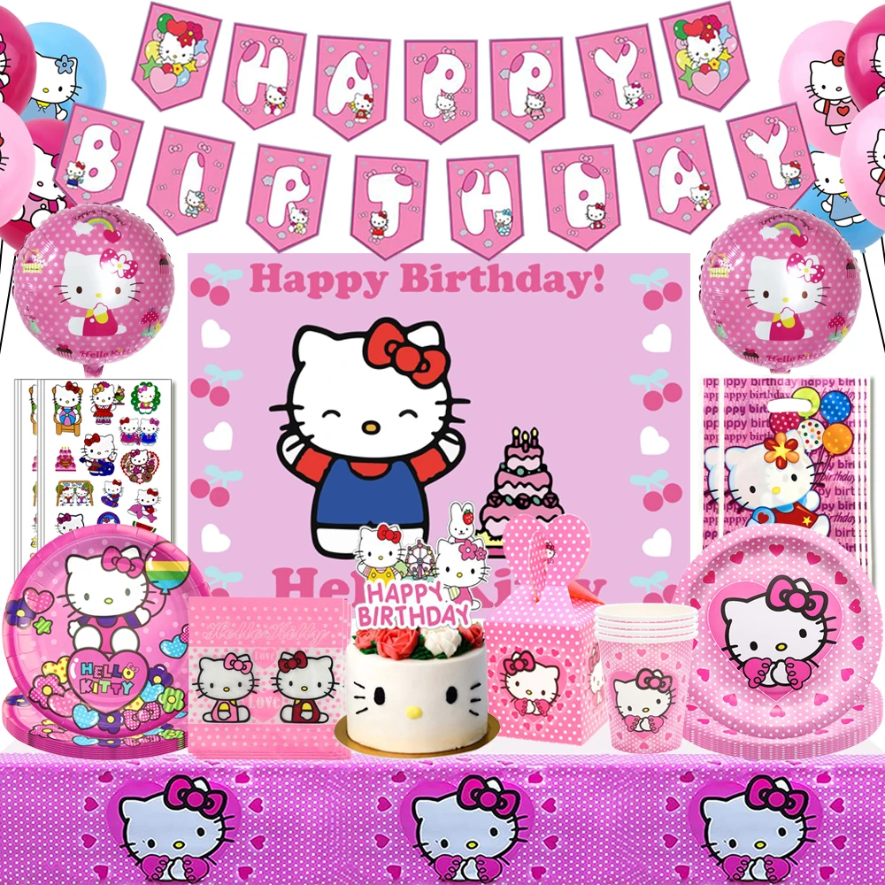 New Hello Kitty Pink Theme Kids Birthday Party Decoration Disposable