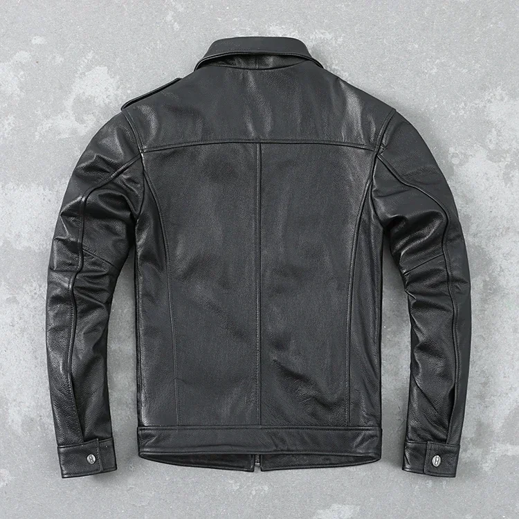 Description Picture 6 of item.2021 new fashion new cheap blue cowhide jacket.men short slim genuine leather coat.father casual leather cloth