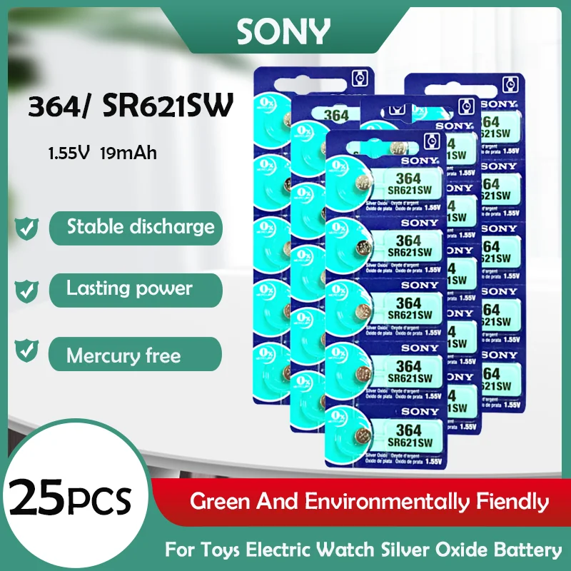 25PCS Original Sony 364 SR621SW SR621 V364 AG1 LR60 1.55V Silver Oxide Battery For Watch Car Key Button Coin Cell MADE IN JAPAN