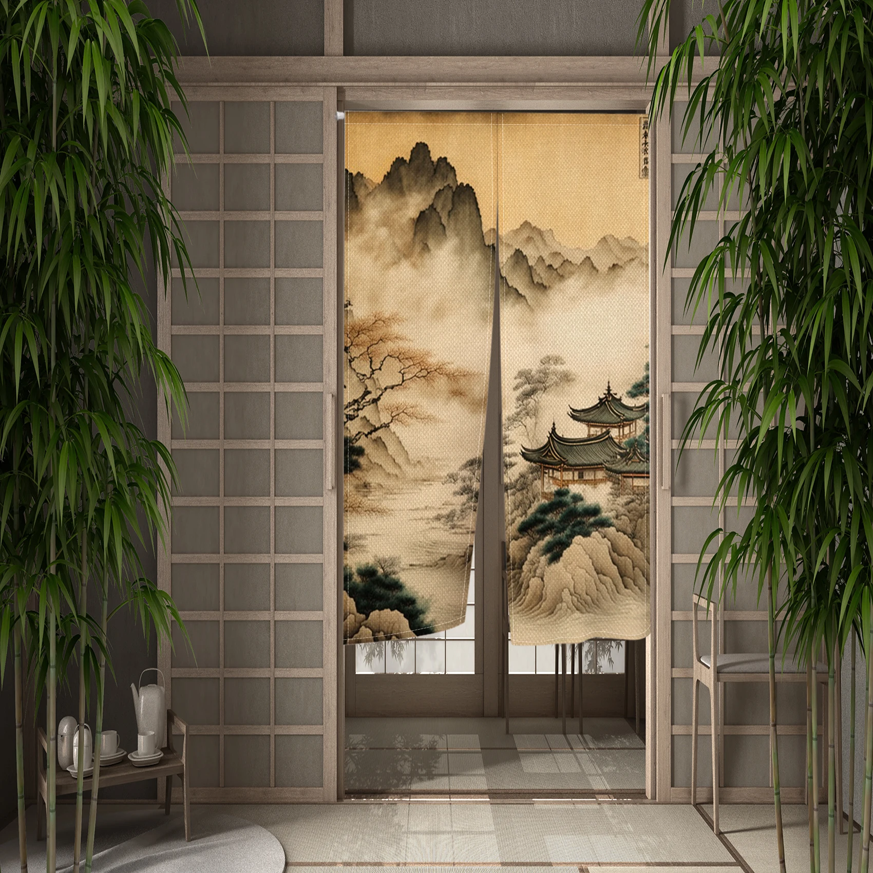 Chinese Traditional Landscape Door Curtain Noren Ink Mountain Painting Kitchen Bedroom Japanese Hanging Entrance Doorway Curtain 4