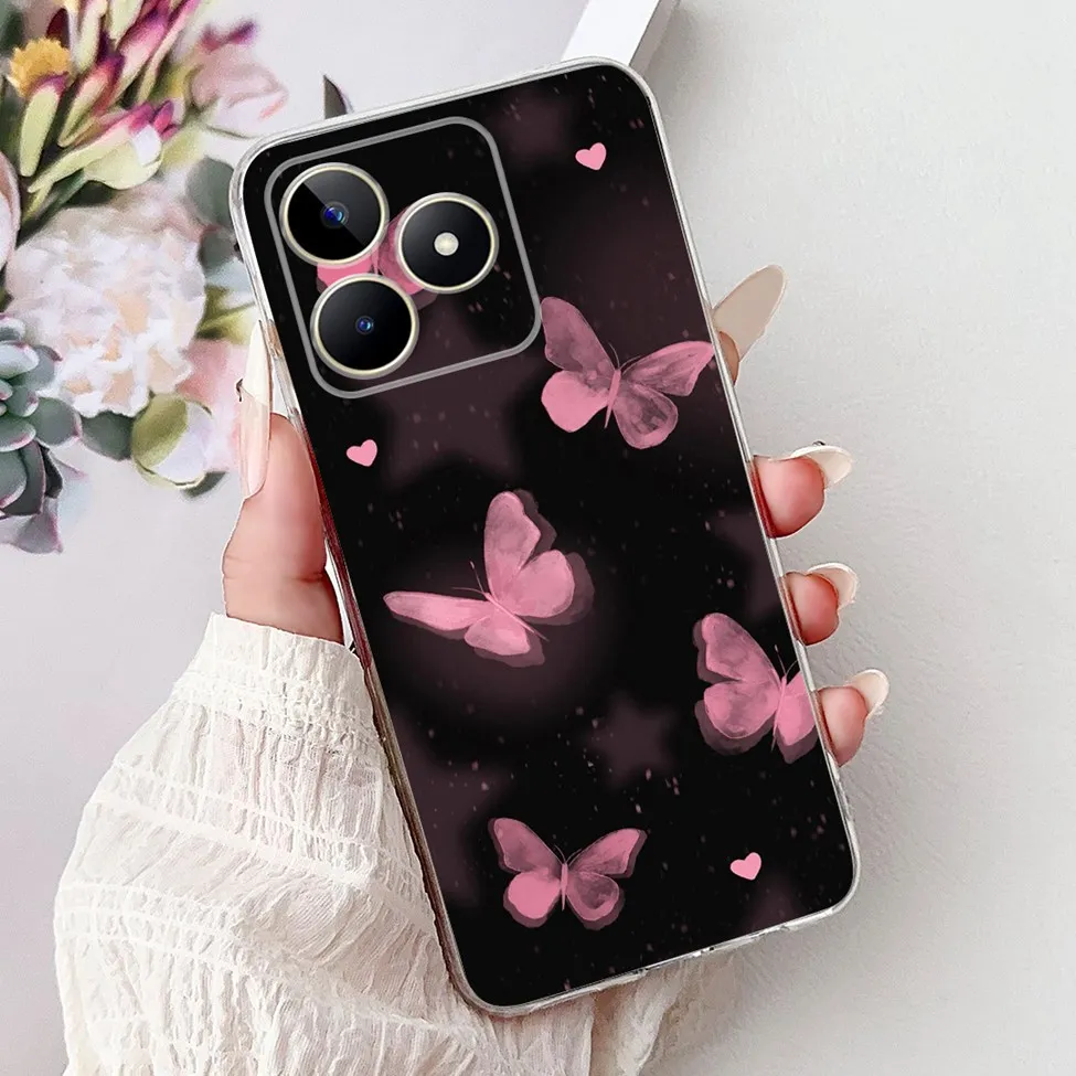 Clear Cute Cat & Butterfly Design Phone Case with Flower Accents - Stylish Protective Back Cover