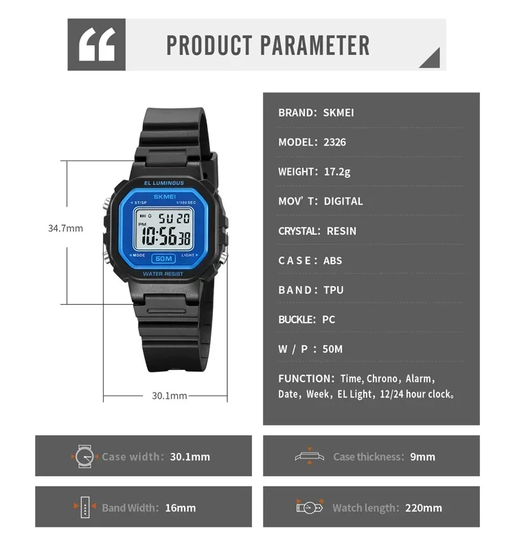 SKMEI 2326 LED Display Digital Watch for Women Luxury Waterproof Sports Countdown Shockproof Womens Wristwatches Reloj Mujer