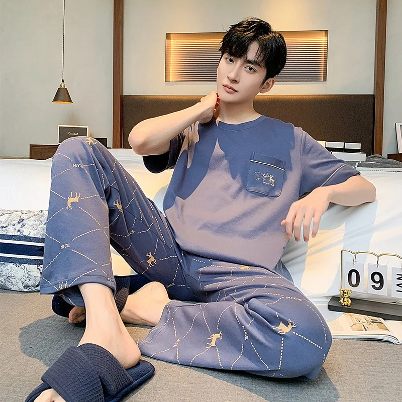 Spring Summer Size L-3XL Men's Pajamas Teenage Long-Sleeved Pajamas Set Loose Casual Homewear  Suit  Two-Piece  Soft Pure Cotton