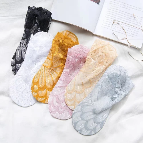 보이지 않는 보트 양말 여성 여름 레이스 꽃 탄성 양말 얇은 중공 안티 드롭 짧은 튜브 양말, 여성 통기성 발목 양말 4