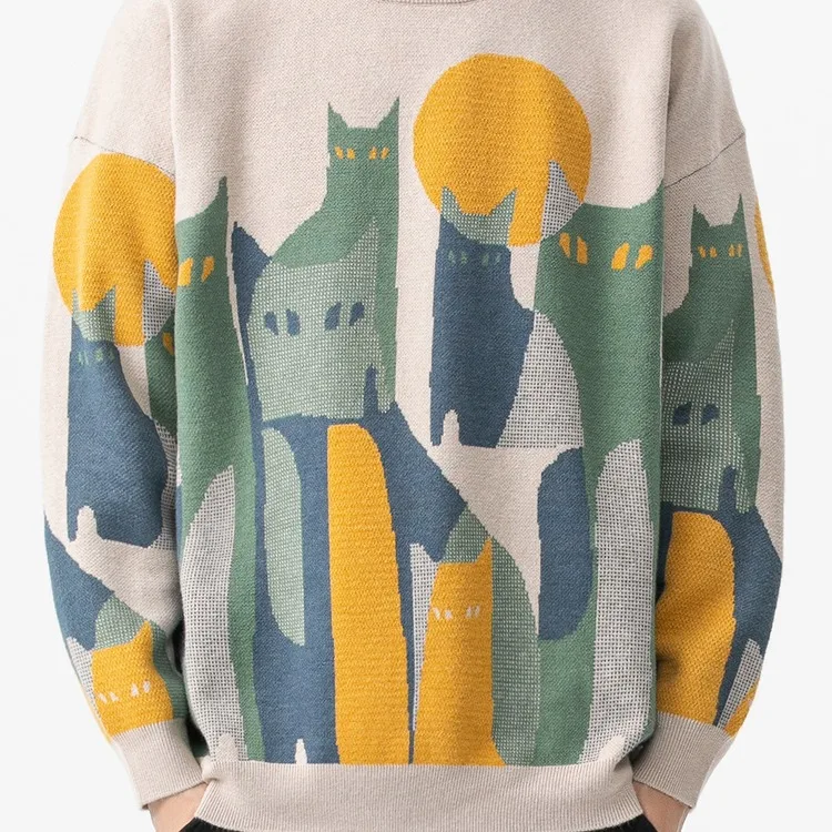 New Men's Autumn Knitted Sweater Korean Style O Neck Cats Graphic Pullover Winter High Quality Warm Tops Black Sweaters 2024 3