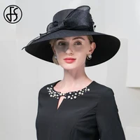 FS Female Elegant Church Black Hats For Women Formal Occasion Wide Brim Kentucky Cap Ladies Tea Party Millinery With Big Bowknot 3