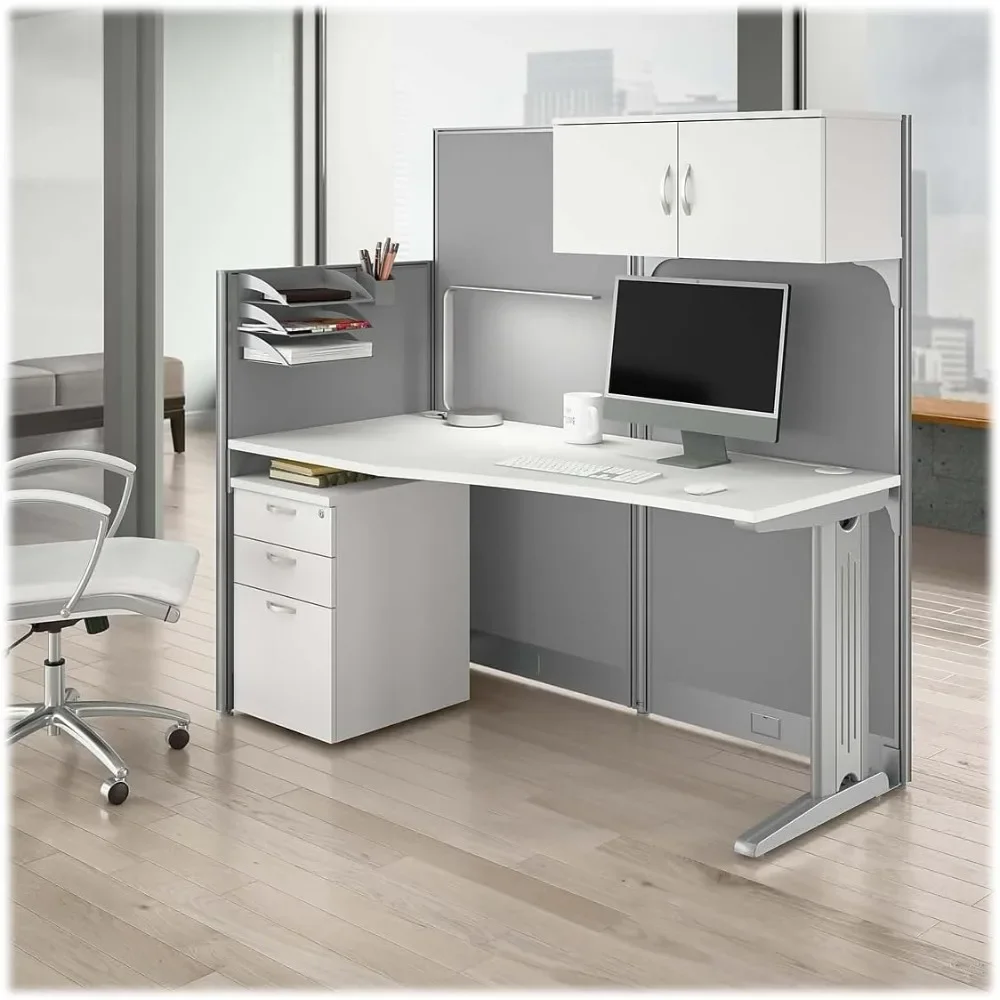 Office in an Hour Straight Cubicle Desk with Storage, Drawers, and Organizers | Modern Computer Table Set with Privacy Panels 2