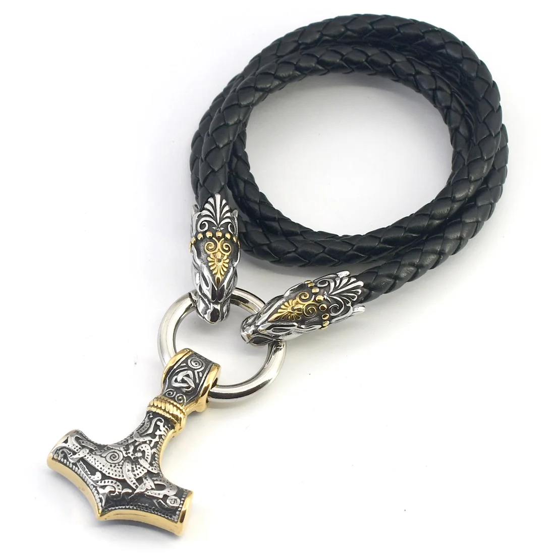 

Nordic Men's Two-tone Thor's Hammer Pendant Necklace Viking Stainless Steel Wolf Scalp Chain Accessories Viking Jewelry