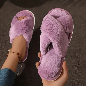 Fluffy Cross Plush Slippers For Women Autumn Winter Ladies Concise Fashion House Slides Females Indoor Comfortable Cute Shoes 1