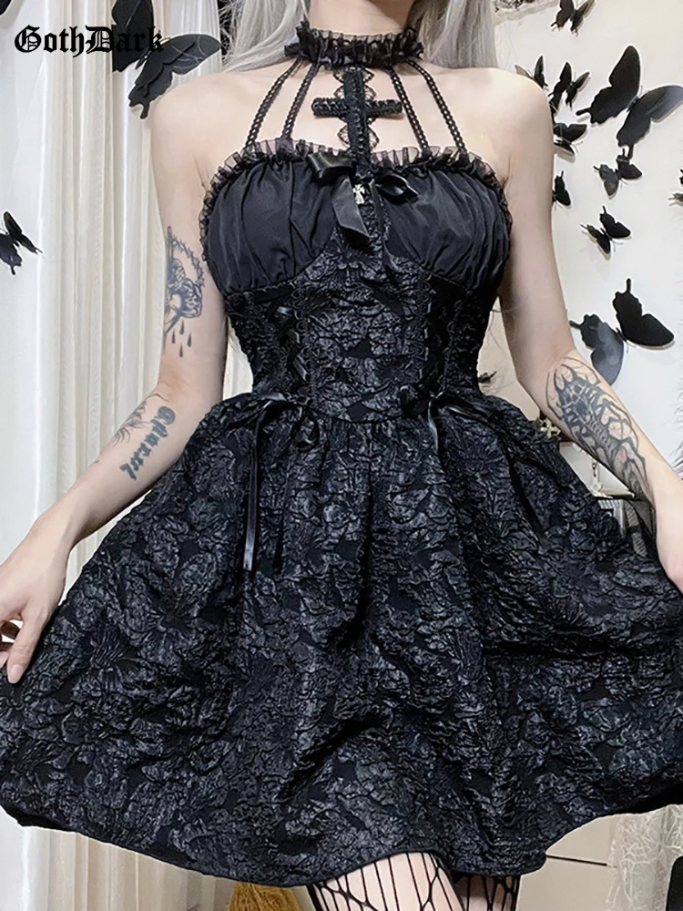 

Goth Dark Mall Gothic Emo Jacquard A-line Dresses Elegant Grunge Ruched Bandage Partywear Punk Black Women Halloween Club Dress